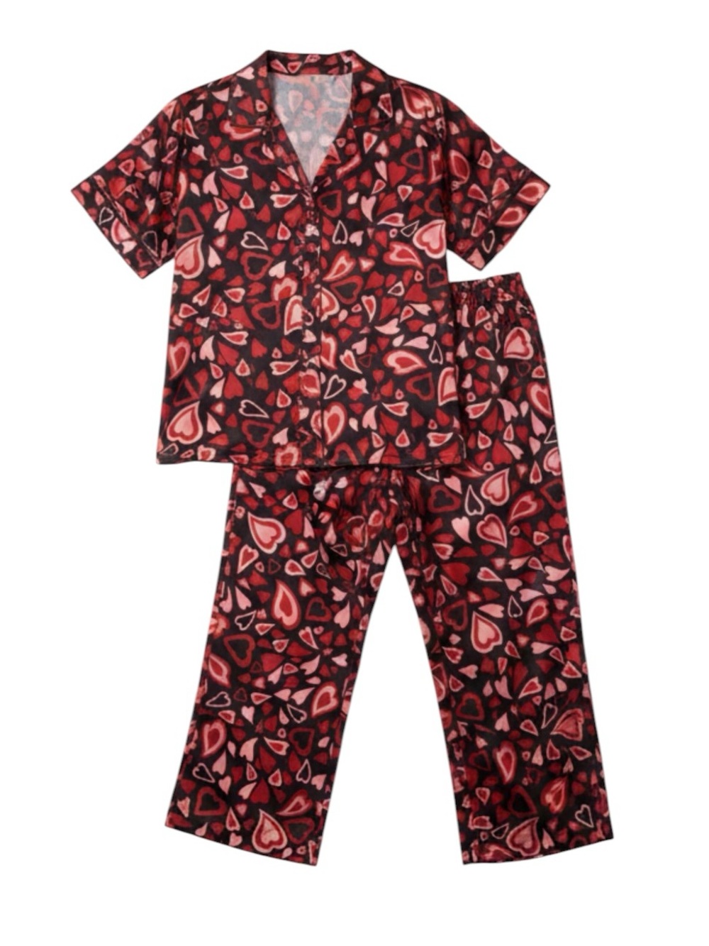 Johnny Was Brooklyn Long Set Heart Print Silk Pajama Set MS0124A Black Red XS‎